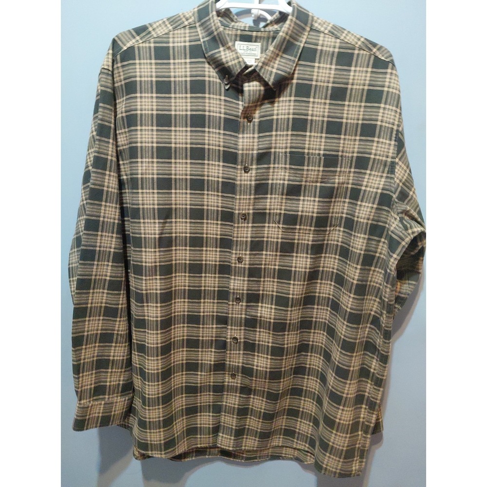 New LLBean Flannel Shirt Mens 2XLT Beige Tan Black Plaid Long Sleeve Big Tall